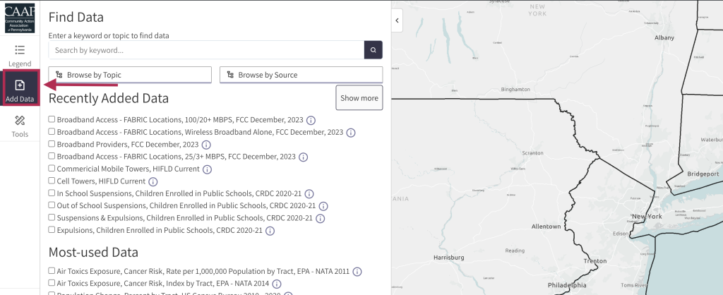 Step 1 of the map room. The picture shows a screenshot of the add data function. Users can click the Add Data button in the left menu to open the search data menu. 