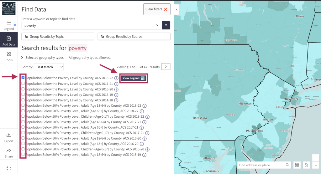 Step 2 of the map room. The picture shows a screenshot of the search data window. Users can click the check box to the left of a layer name to add it to the map. Users can click the "View Legend" button to view the map legend and exit the search data window. 