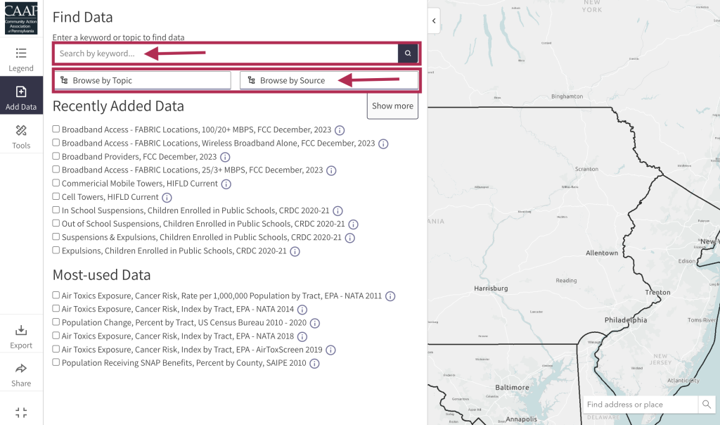 Step 1.1 of the map room. The picture shows a screenshot of the search data window. Users can use keywords to search for map layers or use the "Browse by Topic" and "Browse by Source" buttons to search by topic and source. 