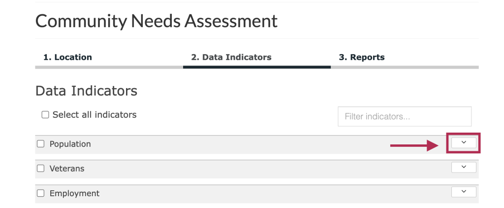 Step 3.1 of the assessment tool. The picture shows a screenshot of the data indicators selection function. Users can click the carets located on the left side of the tool to open the data categories, view available indicators, and select indicators for the report. 