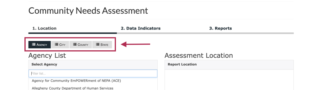 Step 1 of the assessment tool. The picture shows a screenshot of the location selection function. Users can select a geography in the top-level tabs first, then select a more specific geography from the list. This location will be used to create the report. 