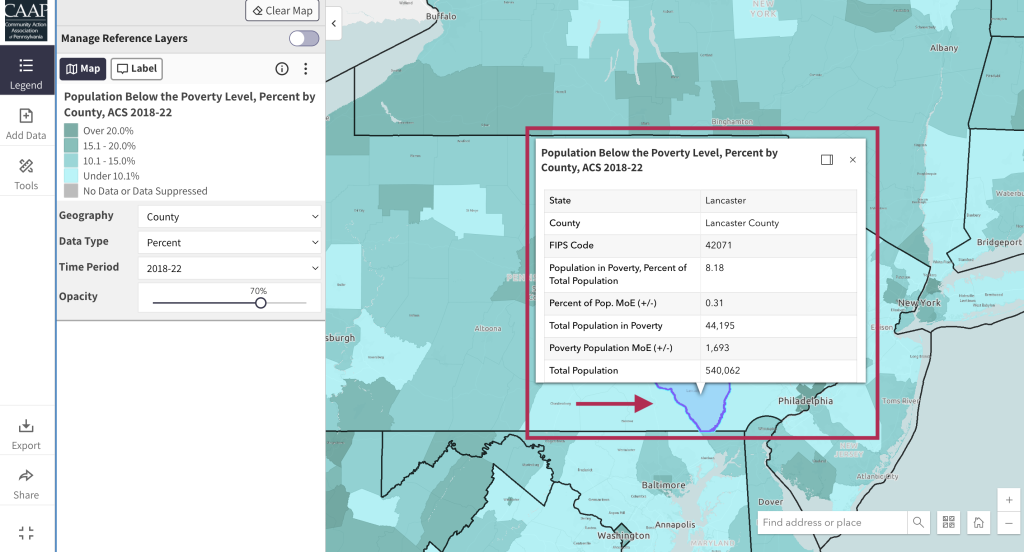 Step 5 of the map room. The picture shows a screenshot of an informational pop up in the map room. Users can click on any location on the map to activate an informational pop up. To close the pop up, click the x in the top right corner of the pop up window. 