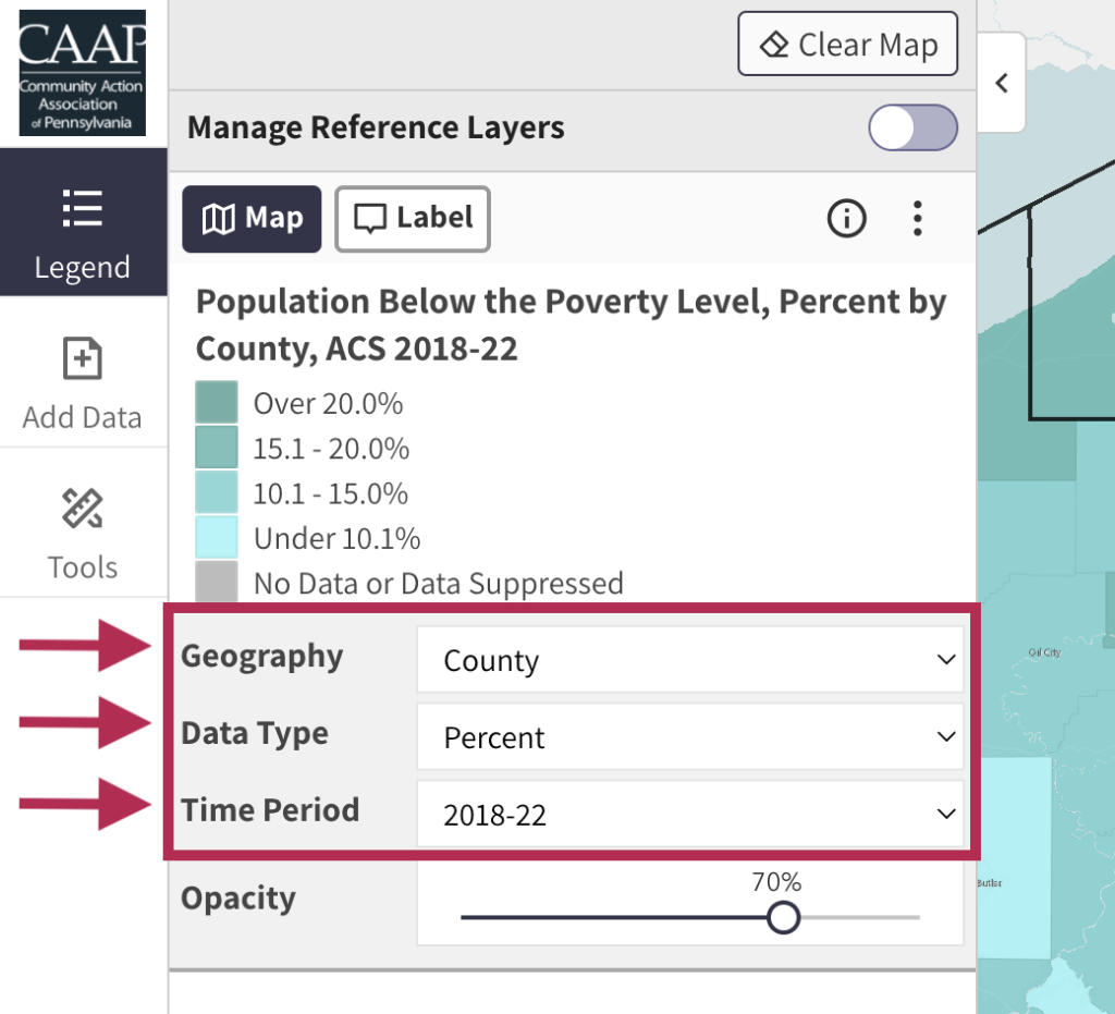 Step 4.1 of the map room. The picture shows an expanded view of the legend in the map room. The drop down menus below to the legend can be used to change the geographic extent of the data on the map, to change the data type from percent to total, or to change time periods (where available). 