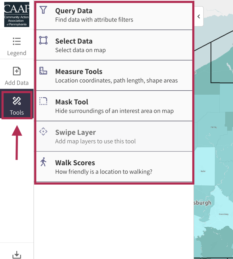 Step 5.1 of the map room. The picture shows a screenshot of the Tools menu. Users can activate the tools menu by clicking the "Tools" button in the left menu. Users can click on any of the available tools to use it or learn more. 