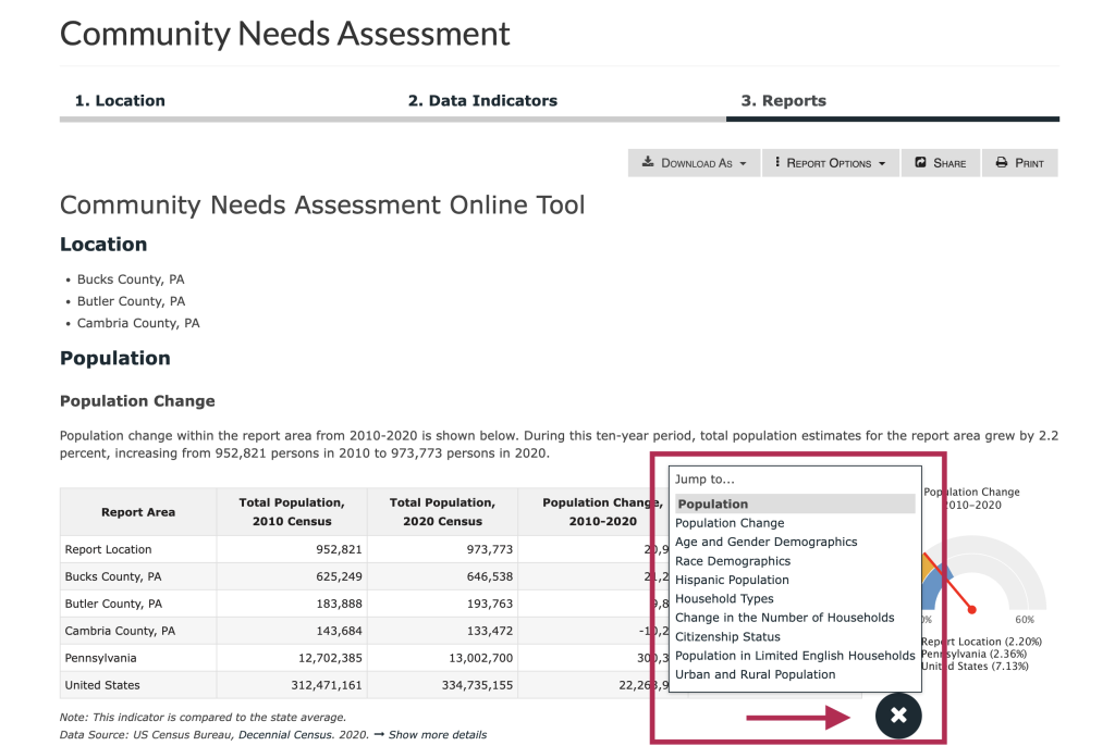 Step 4 of the assessment tool. The picture shows a screenshot of the report and the floating report menu. Users can jump between indicators by clicking an indicator name in the floating menu at the bottom right of the screen. Users can close the floating menu by clicking the round button with the "X" located at the bottom right of the screen. 