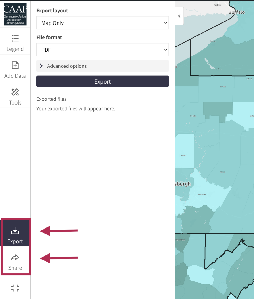 Step 6 of the map room. The picture shows a screenshot of the Export menu. Users can export and share maps by clicking the "Export" and "Share" buttons at the bottom of the left menu. Users can export maps in a variety of sizes and formats. Users can share maps via a shortlink or on social media using the "Share" button. 