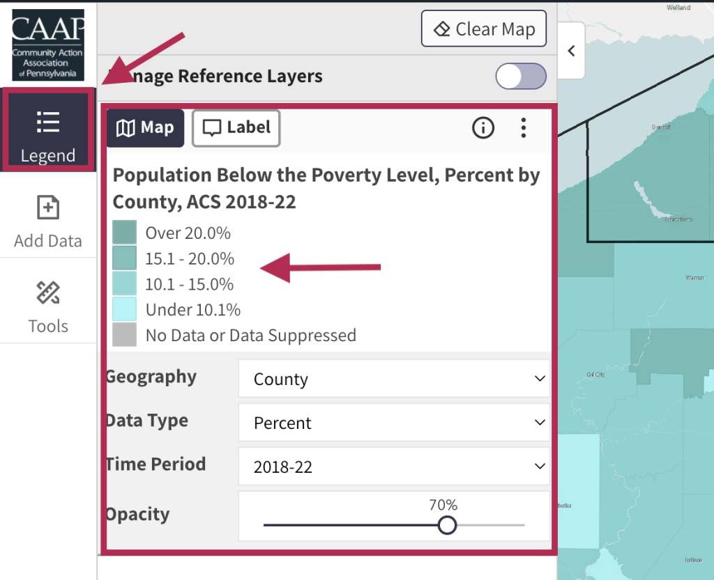 Step 4 of the map room. The picture shows a screenshot of the map legend open in the left menu of the map room. The legend can be opened by clicking the "Legend" button in the left menu. Users can review the legend to get familiar with what the colors, points, and lines represent on the map. 