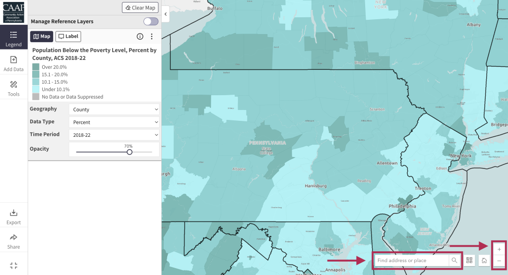 Step 3 of the map room. The picture shows a screenshot of the map room calling out the location search bar and plus and minus buttons at the bottom right of the map room. Users can type in a county, city, or address in the location search bar to zoom in. Users can also use the plus and minus buttons to zoom in and out. 